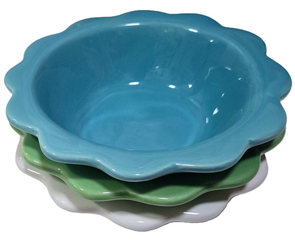 3- Small Mt. Clemens Pottery Bowls Blue/Green/White Scalloped Floral-Shaped